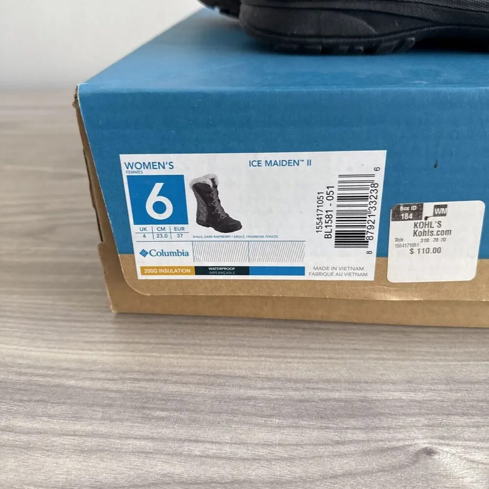 Columbia Women's Ice Maiden II Snow Boots Waterproof Grey Size 6‎ W Box
